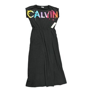 Calvin Klein WMNS Watercolor‎ Dress Roll Sleeve Cinched Waist Rainbow Pockets